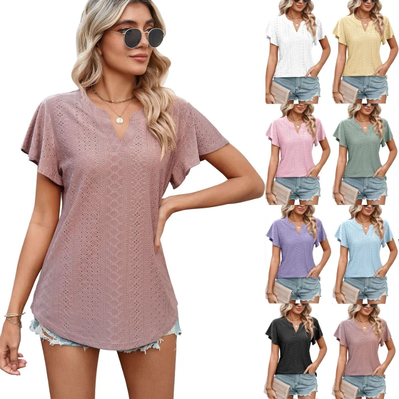 

Women's Tops Solid Color Hollow Hole V Neck Ruffle Sleeves Casual Loose Summer T-Shirt Streetwear Dressy Camisetas Feminina Tops