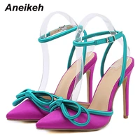 aneikeh sweet butterfly knot decoration women sexy thin high heel pointed toe ankle buckle strap slingbacks party wedding shoes