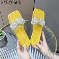 new popular square head womens slippers 2022 summer fashion casual slippers womens bow flat simple womens shoes trend