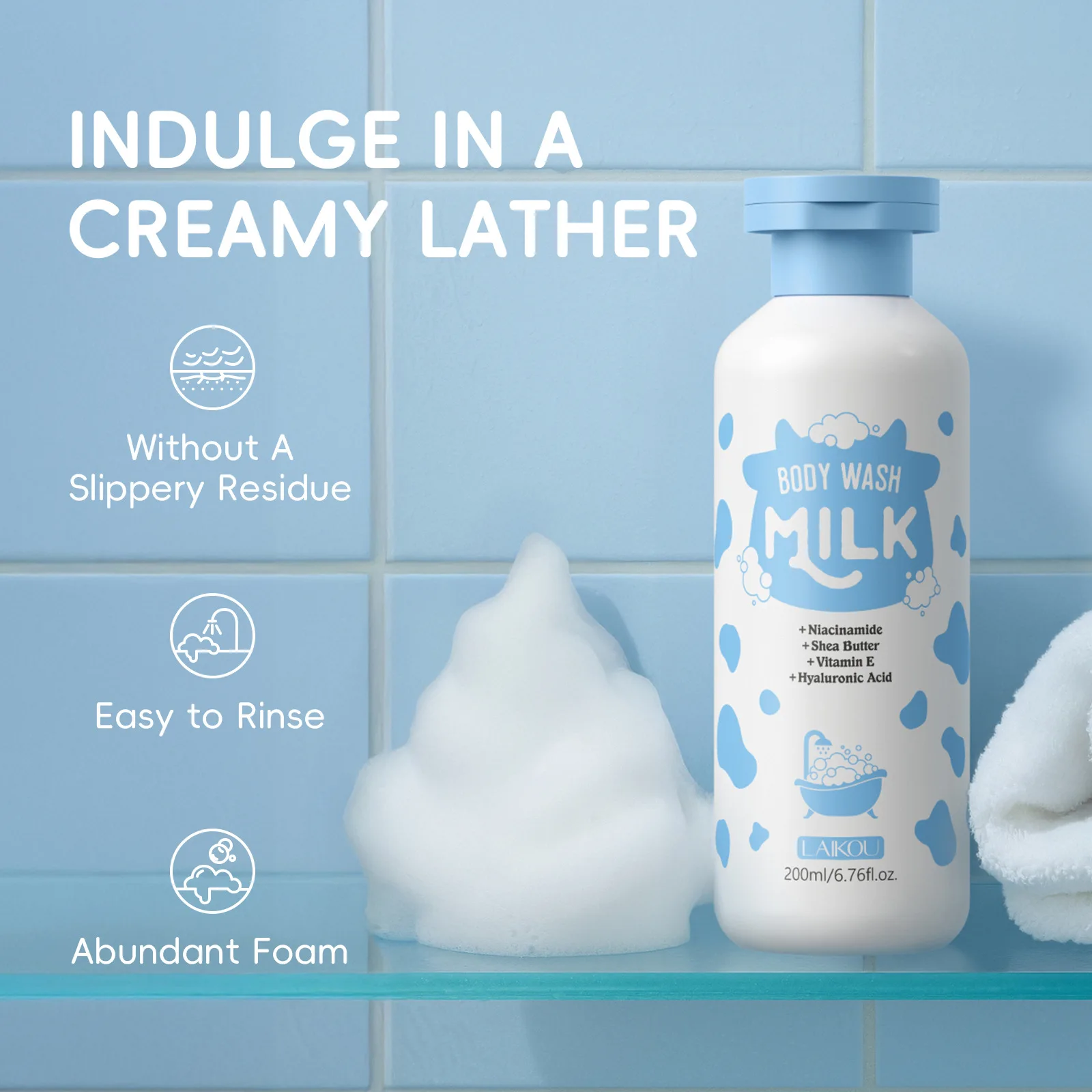 Фото LAIKOU Увлажняющий гель для душа с молоком 200 мл, питательный гель для душа для сухой кожи, увлажняющее средство для ванны для женщин и мужчин №4