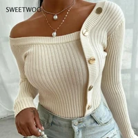 women fashion elegant knitted tops long sleeve off shoulder sexy casual slim buttons top femme ladies solid sweaters fall spring