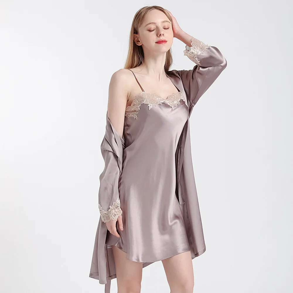 

Silk Nightgown Two Piece Set for Women Summer Hot Mulberry Silk One Line Collar Lace Suspender Nightdress Silk Home Clothes