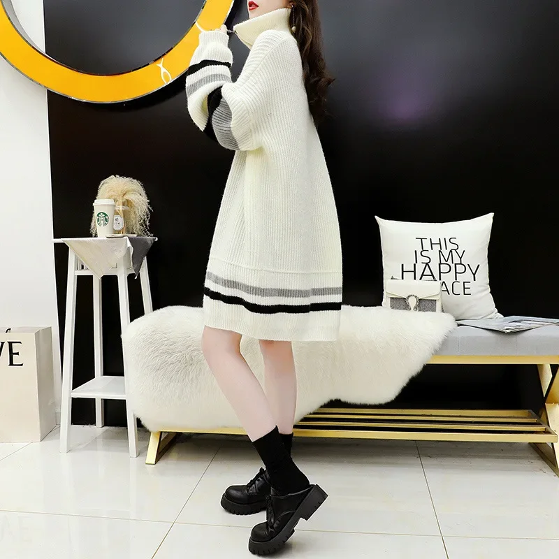 Платье-свитер-поло/черепашковый вырез больших размеров утепленная вязаная