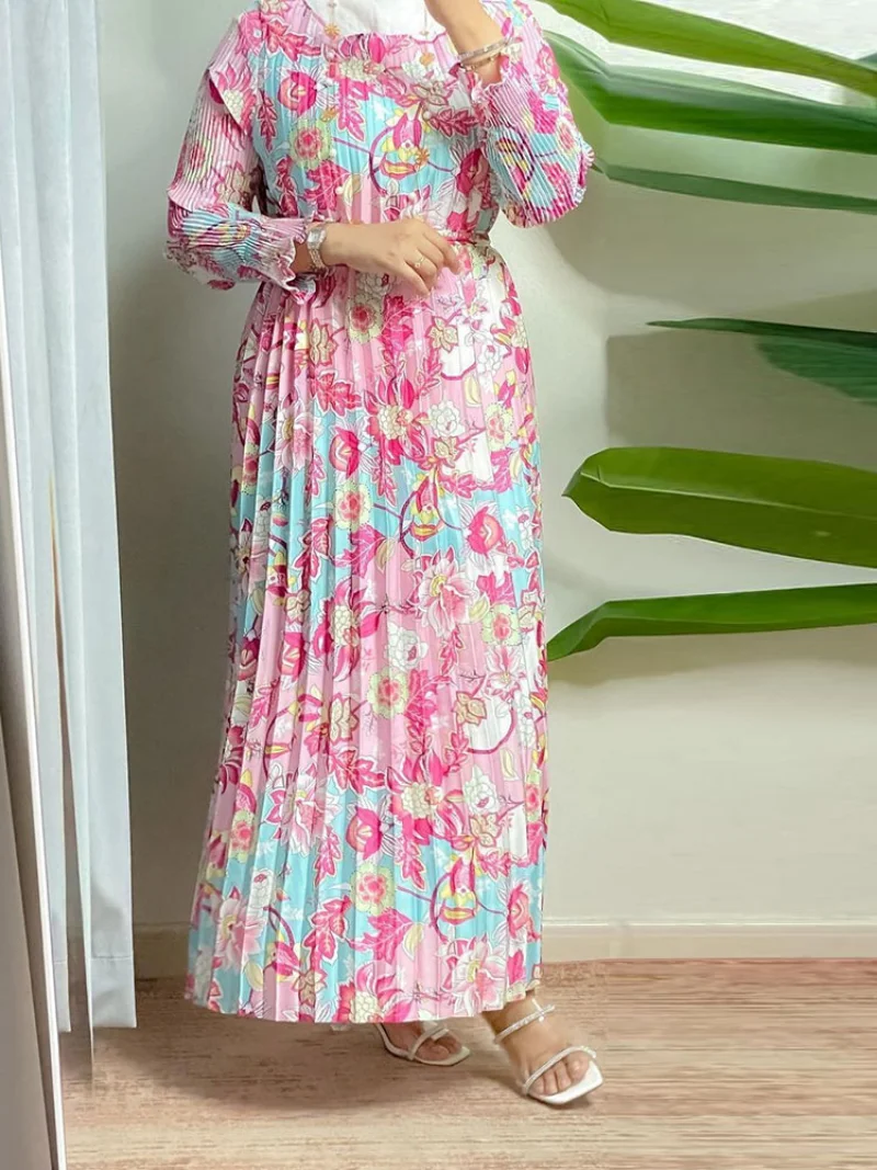 Floral Printed Abaya Pleated Long Dress Women Ethnic Moroccan Kaftan Muslim African Dresses Islam Dubai Turkish Modest Abayas