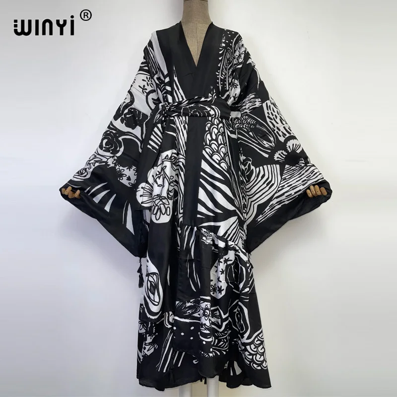

WINYI Women kimono fashion elegant Vintage Black and white printing boho caftan Waist seal abaya Dress long Sleeve Casual Kaftan