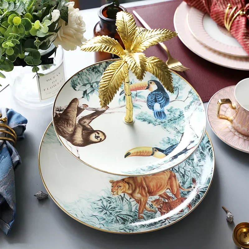 Двухслойная керамическая тарелка с фруктами и рисунком животных джунглей для