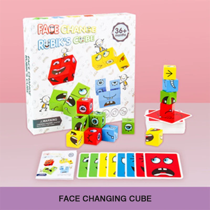 

New Wooden Expressions Matching Block Puzzles Building Cubes Toy Borad Games Educational Montessori Toys for Kids Children Gifts