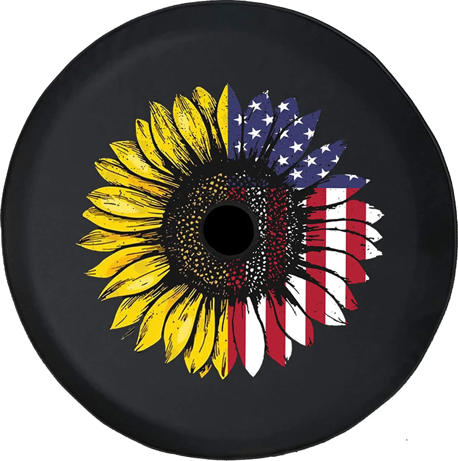

JL Spare Tire Cover Distressed USA Flag Sunflower Mash Up JL Tire Cover with Backup Camera Hole BUC (Fits: JL Accessories) Black
