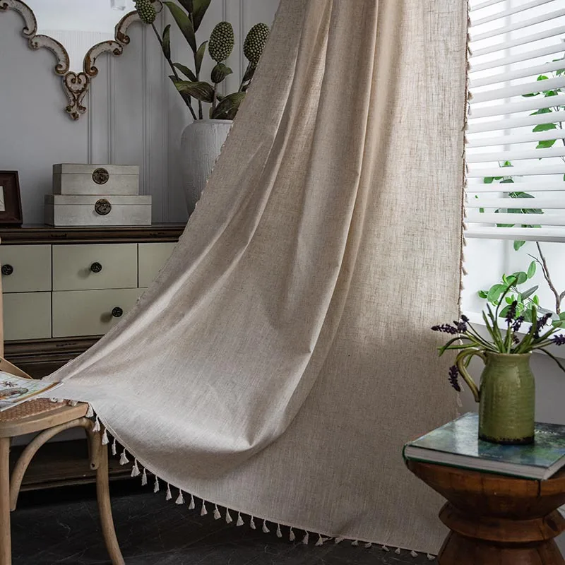 

Japanese Solid Curtain Cotton Linen Blackout Thick with Tassels Drape for The Luxury Living Room Curtains Home Decoretion