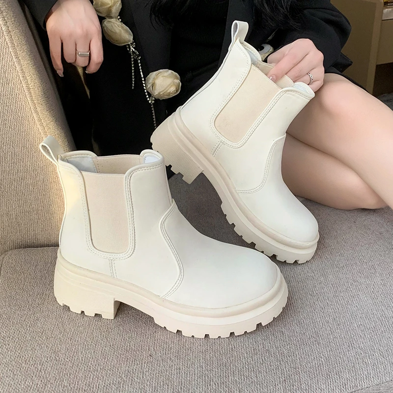 

New Autumn Winter Chelsea Boots Women Platform Brown Black Beige White Ankle Boots for Women Fur Short Chunky Punk Gothic Shoes