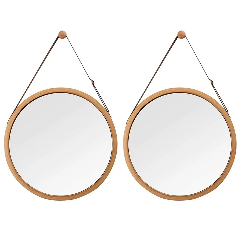 

HOT SALE 2X Hanging Round Wall Mirror In Bathroom & Bedroom - Solid Bamboo Frame & Adjustable Leather Strap (Bamboo, 15 Inch)