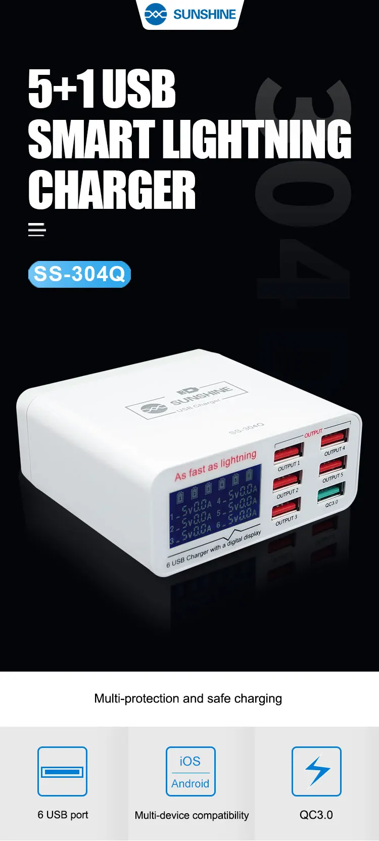 

Быстрое зарядное устройство USB с ЖК-дисплеем, 3,0 дюйма, поддержка быстрой зарядки для iPhone/Xiaomi/Huawei/Samsung/планшета