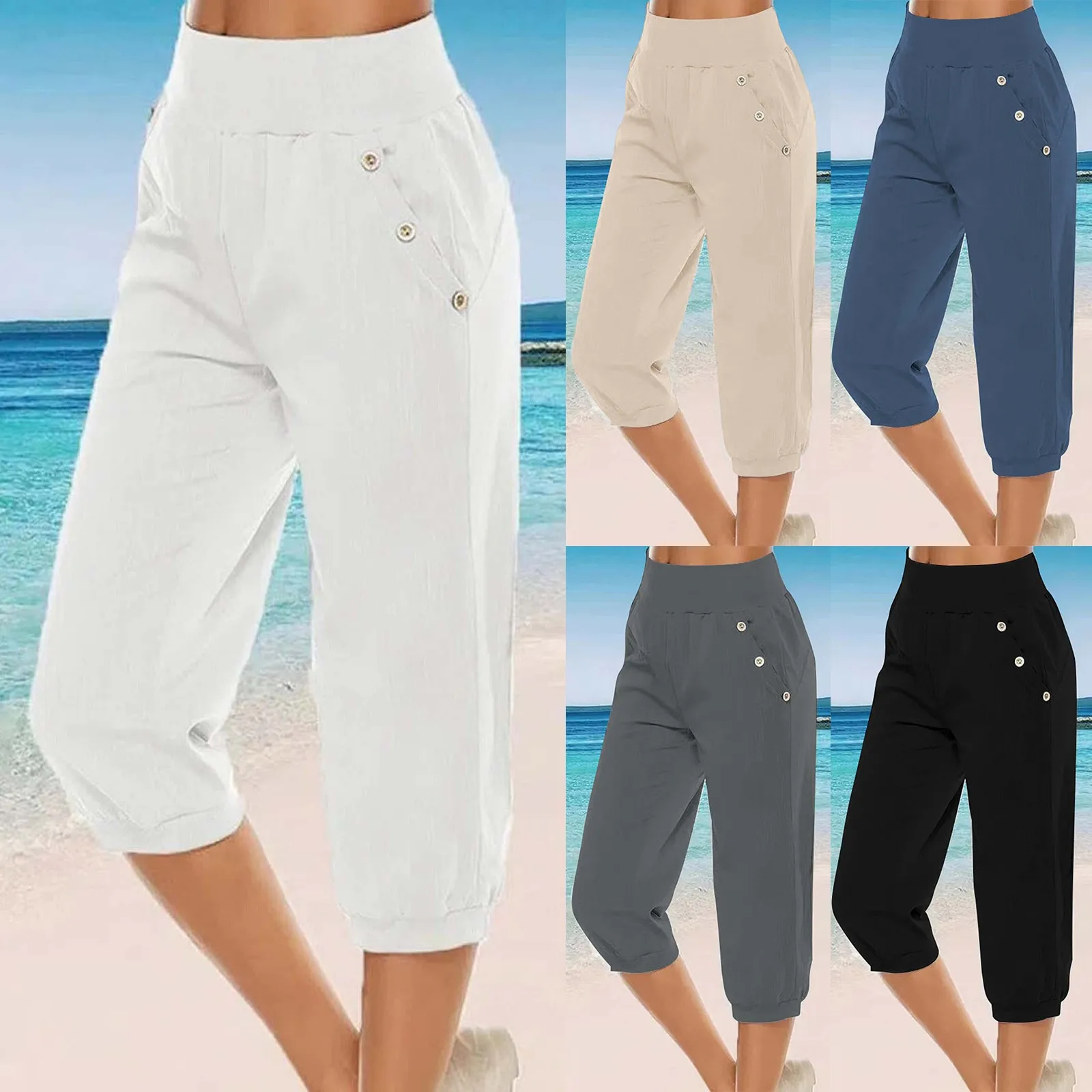 

Capri Pants For Women Casual Summer Drawstring Elastic High Waist Linen Pant Straight Cropped Trouser