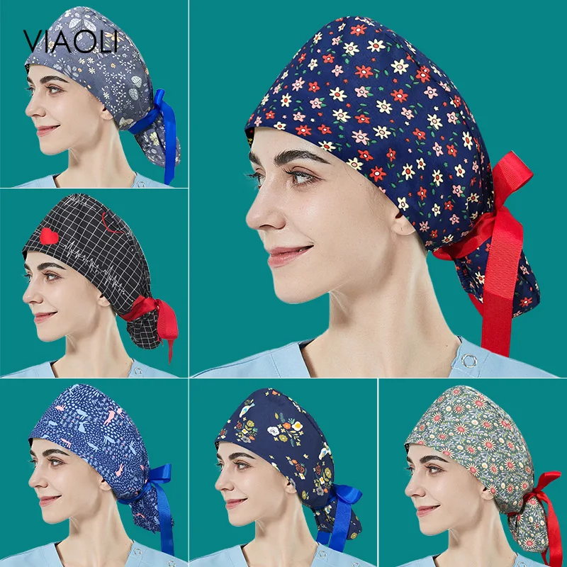 

Nurse Scrub Cap Fashion Printing Cotton Elastic Multicolor Surgical Hat Beauty Salon Dust Cap Wholesale Price Scrubs Women