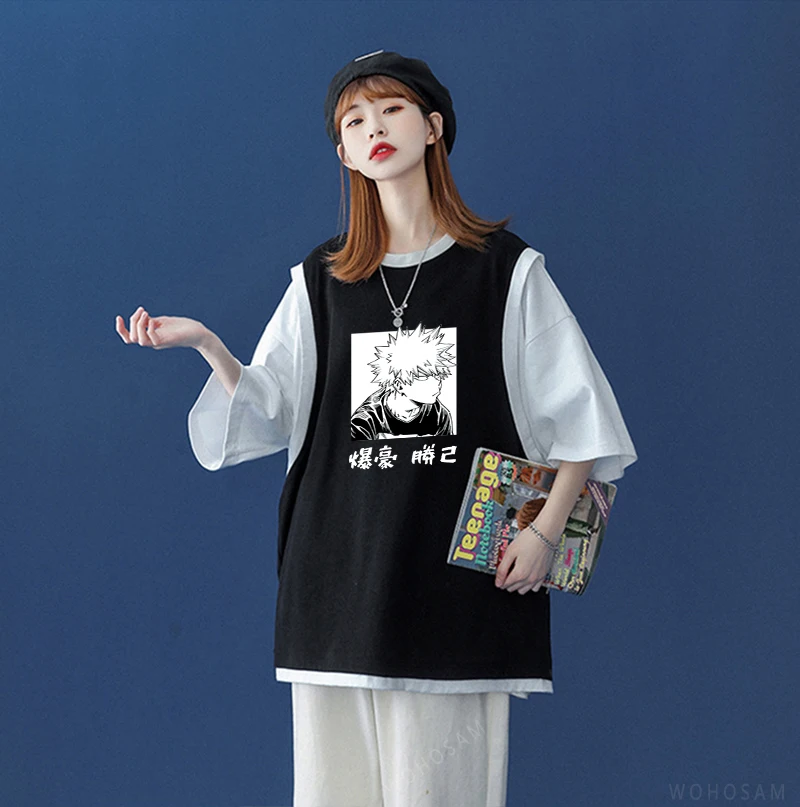 

Fashion Japan Anime Kawaii Bakugou Katsuki My Hero Academia Funny Manga Short Sleeve T-shirts Summer Women's Patchwork T Shirt