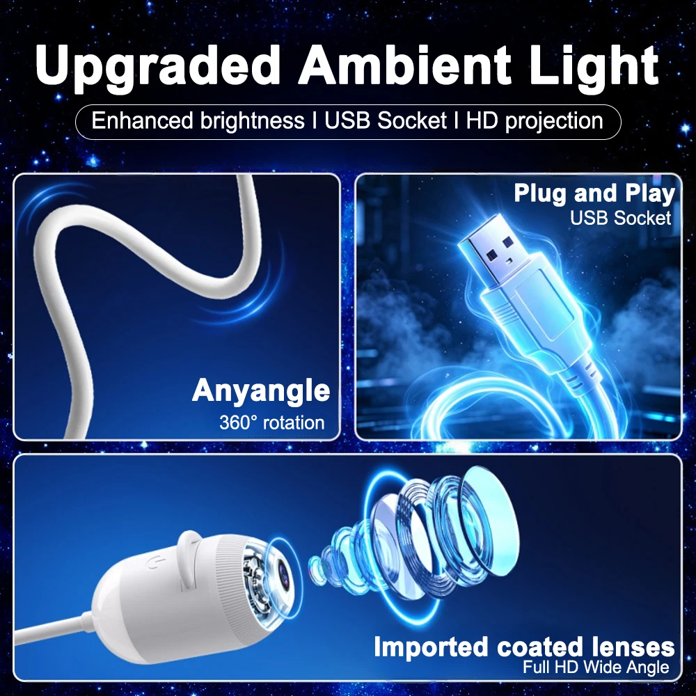 Фото USB-проектор звездного неба для автомобиля и дома, 360-градусная подсветка для создания атмосферы °   Регулируемый проектор звездного неба с эффектом окружающего освещения №5
