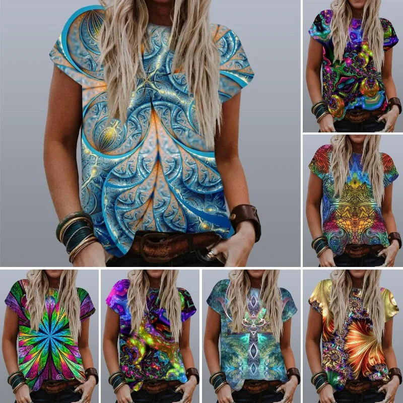 

2022 Summer Fashion 3d Printing Abstract Pattern Stitching Women'S Short-Sleeved T-Shirt Casual Loose Round Neck Women'S Top