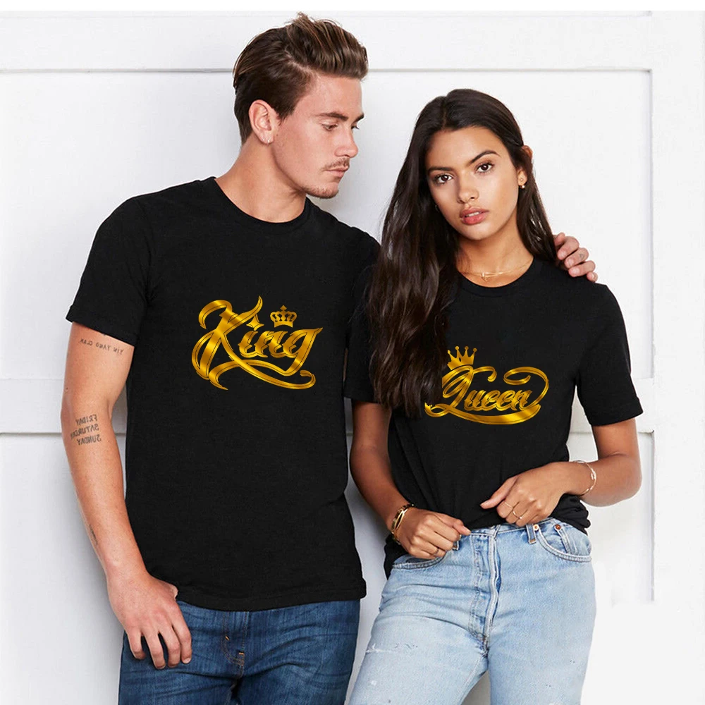 

Парная Футболка с принтом король и королева, летняя хлопковая Повседневная забавная Мужская футболка для влюбленных, женская одежда, уличные футболки