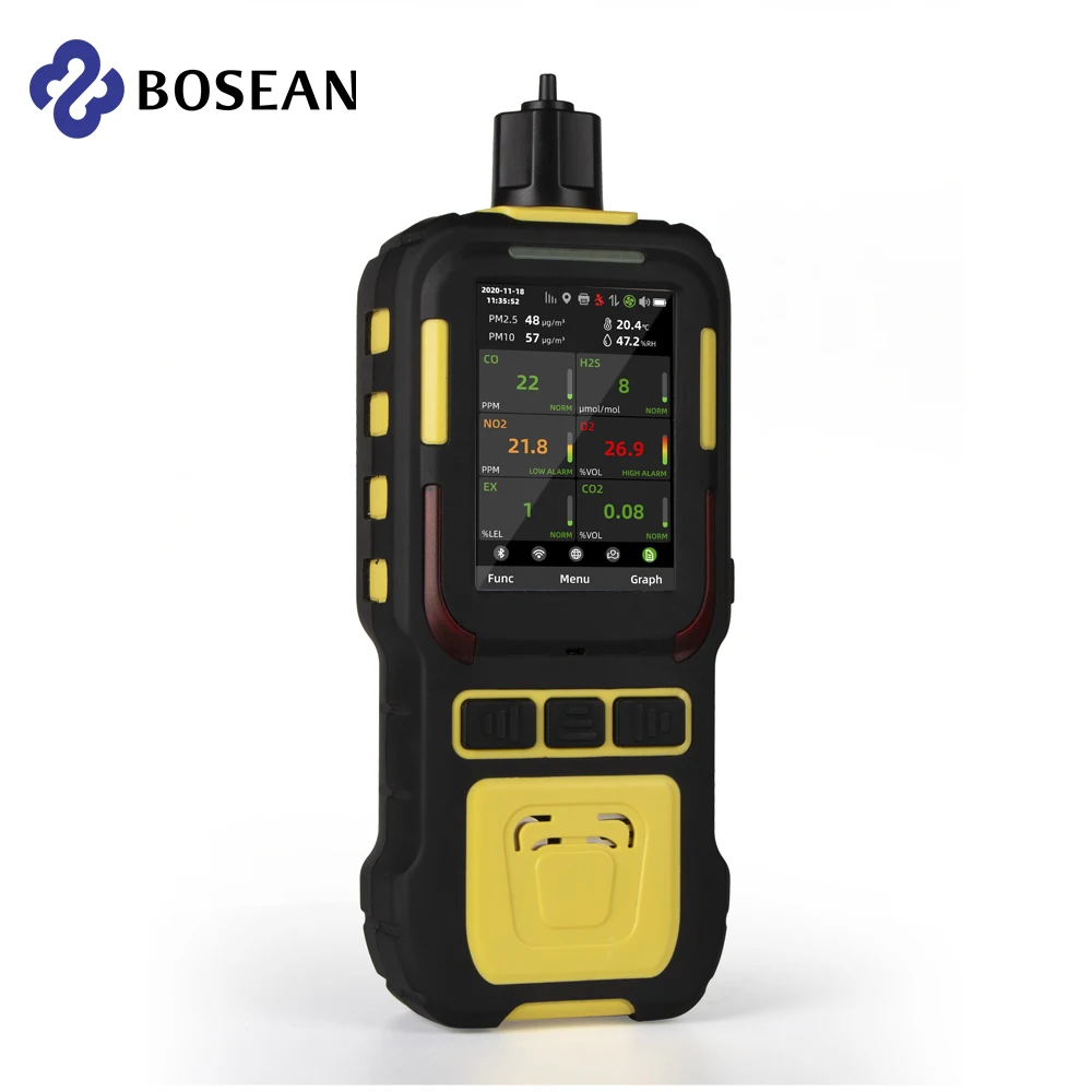 

Bosean Portable Industry Gas detector built-in pump CO2 H3S O2 NH3 temperature humidity PM2.5 PM10 GPS