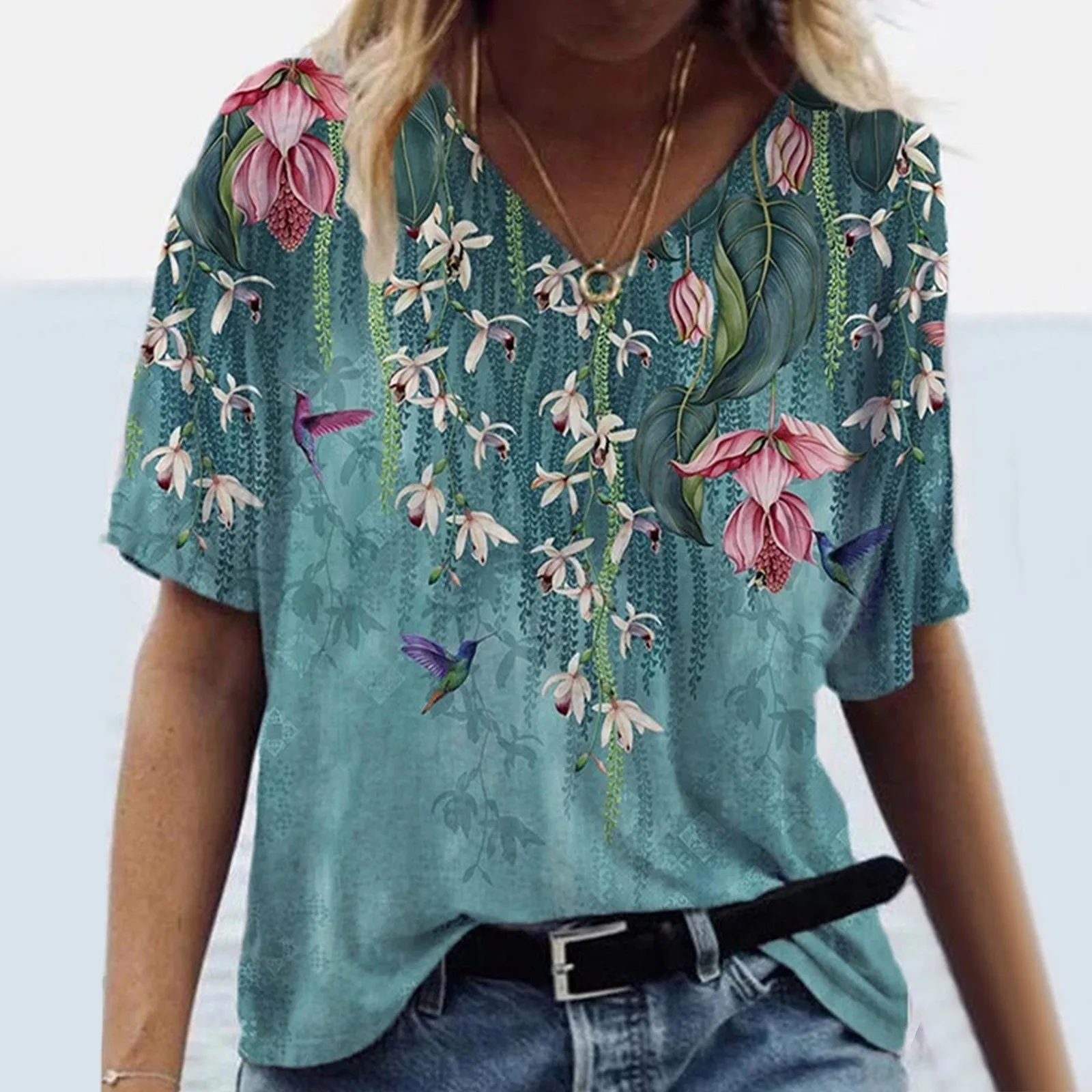 

Повседневные свободные топы Wmen с коротким рукавом и V-образным вырезом, Новая модная женская футболка с цветочным принтом, футболка с 3d боль...