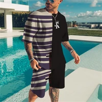 casual mens t shirt shorts sets striped print tracksuits 2 piece outfit jogging sports set fashion street sportswear male suit