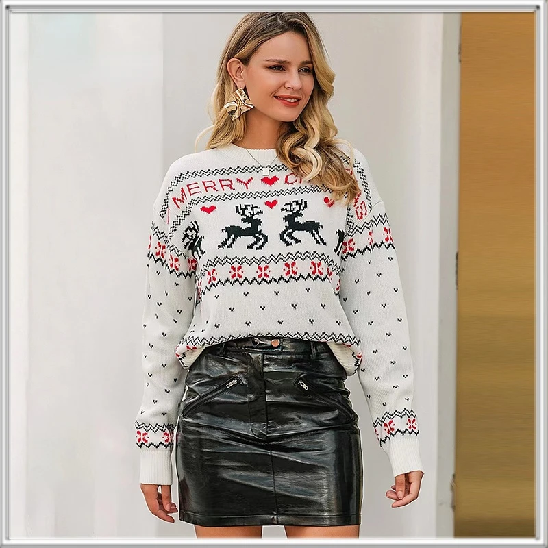 

2022 Women's Winter Christmas Sweater Oversize Round Neck Fawn Jacquard Knit Jersey