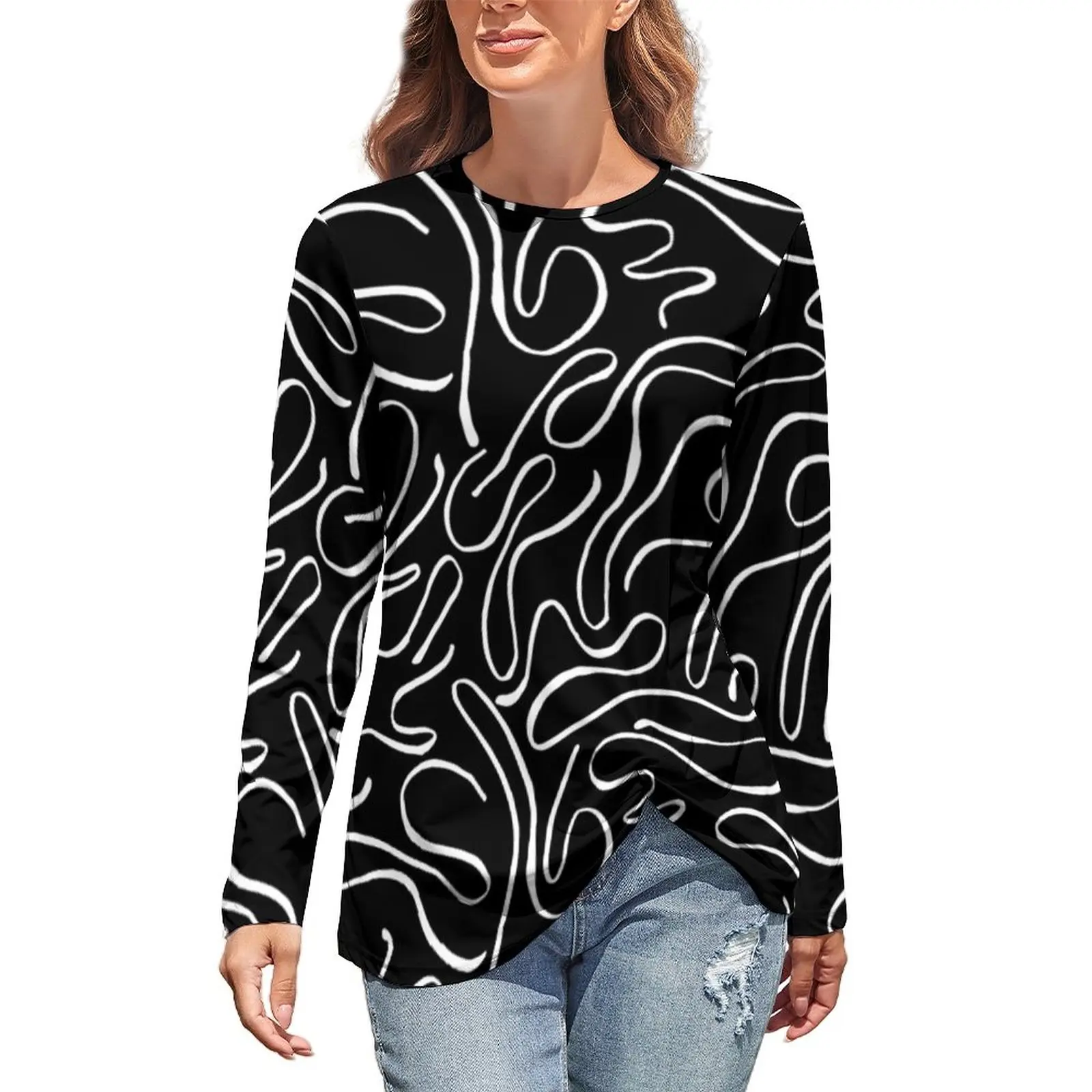 

Футболка с абстрактными скандинавскими линиями, Современная хипстерская рубашка с длинным рукавом и рисунком каракули, модная в Корейском ...