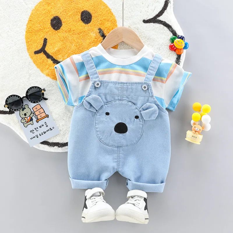 Summer children's clothing suit, baby boy's clothing, newborn boy's striped short-sleeved shirt+denim shorts, 2-piece baby suit