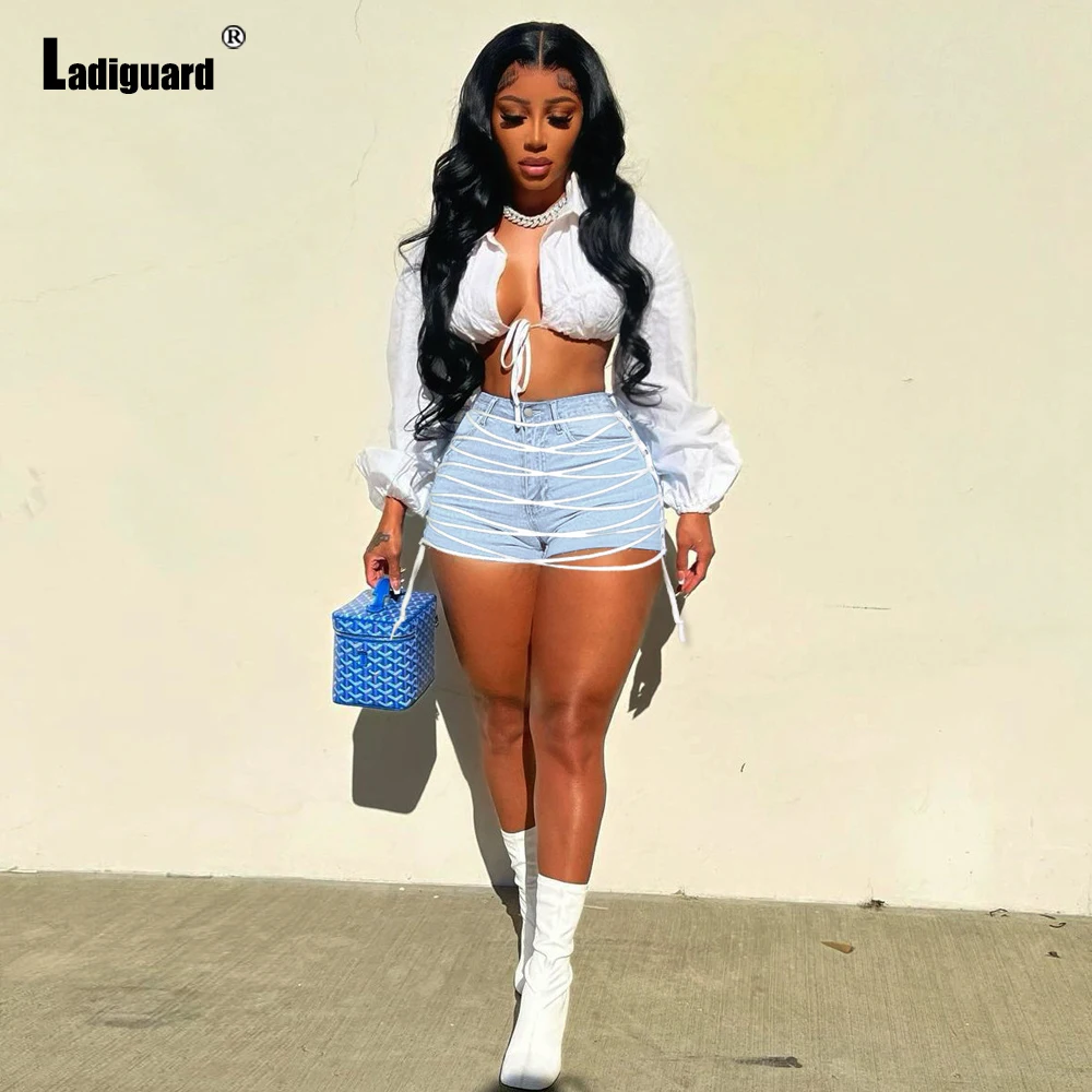 Ladiguard 2022 Sexy Lace-up denim shorts Slim Panties Women High Cut Fashion Button Fly Short Jeans Plus Size Ladies hotpants