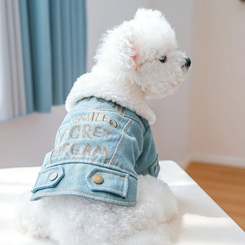 Fashion Winter Denim Dog Jacket With Fur Thick Puppies Pet XS XL Coat Outfits Jeans Costume Chihuahua Yorkshire Bichon Cat Goods