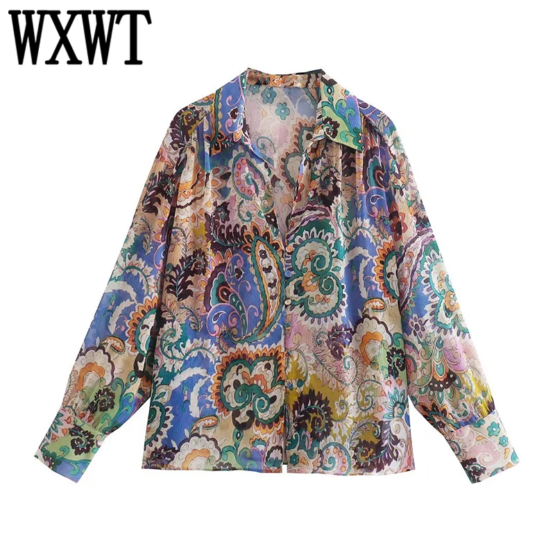 

WXWT Spring Women Print Casual Shirt Camisas Mujer Long Sleeve Single Breasted Blouse Female All-Match Tops OZZ1410