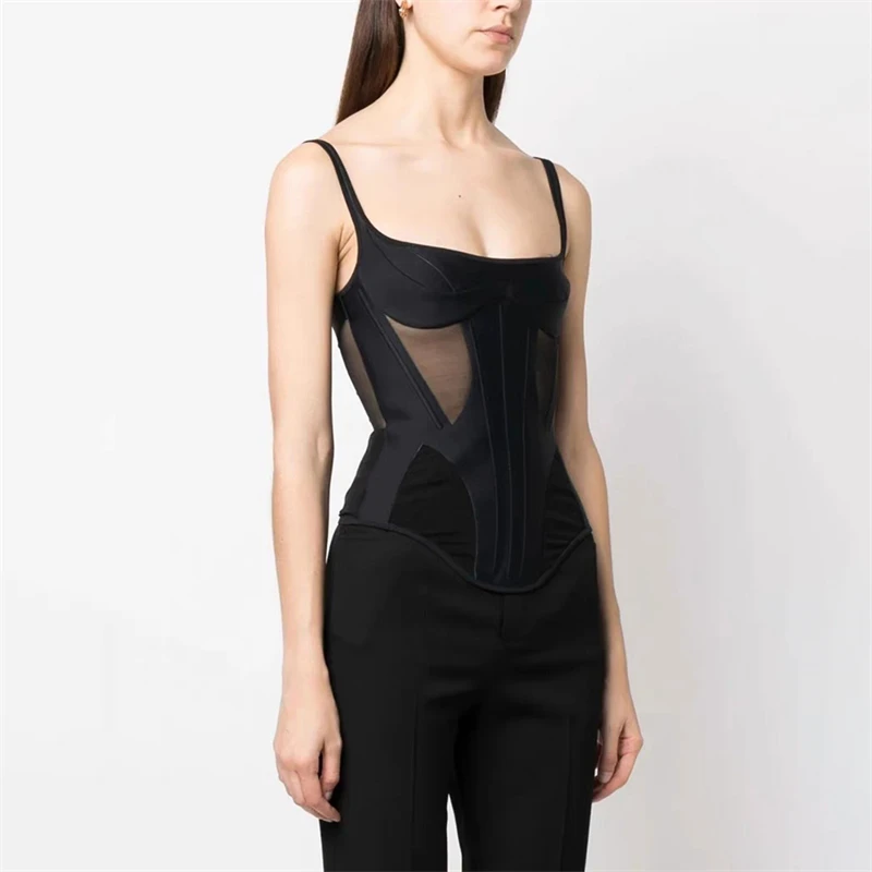 

2023 summer newwomen's mesh stitching slim shoulderscamisole y2k fashion sexythree-dimensional fishbone perspective camisole top