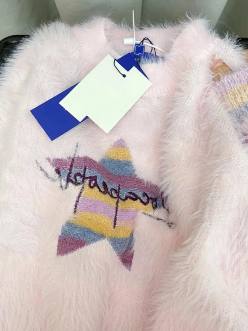 

Autumn Winter Grunge Jumpers Contrast Color Stripe Soft and Skin-friendly Knit Pull Femme Letter Star Chic Sweet Sweater Y2k