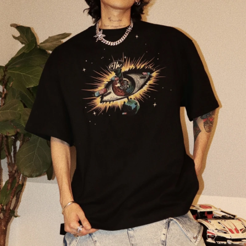

American Retro Mens T-shirt Black Personalized Print Y2k Streetwear Harajuku Summer Loose Graphic T Shirts Short Sleeve Male Tee