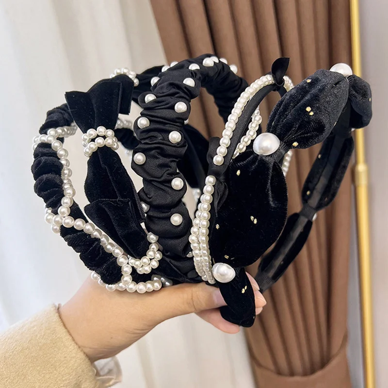 

French Style New Grace Autumn Winter Black Sweet Imitation Pearls Knitting Broadside Headband for Women Fashion Hair Accessories