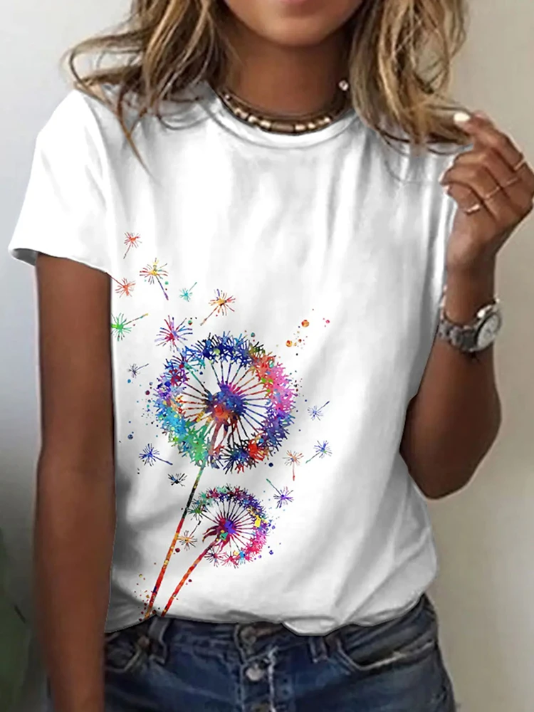 Купи Women's Flower Theme Painting T-shirt Flower 3D Printing Round Neck Short Sleeve Basic Top Red Yellow 2022 New Fashion T-shirts за 731 рублей в магазине AliExpress