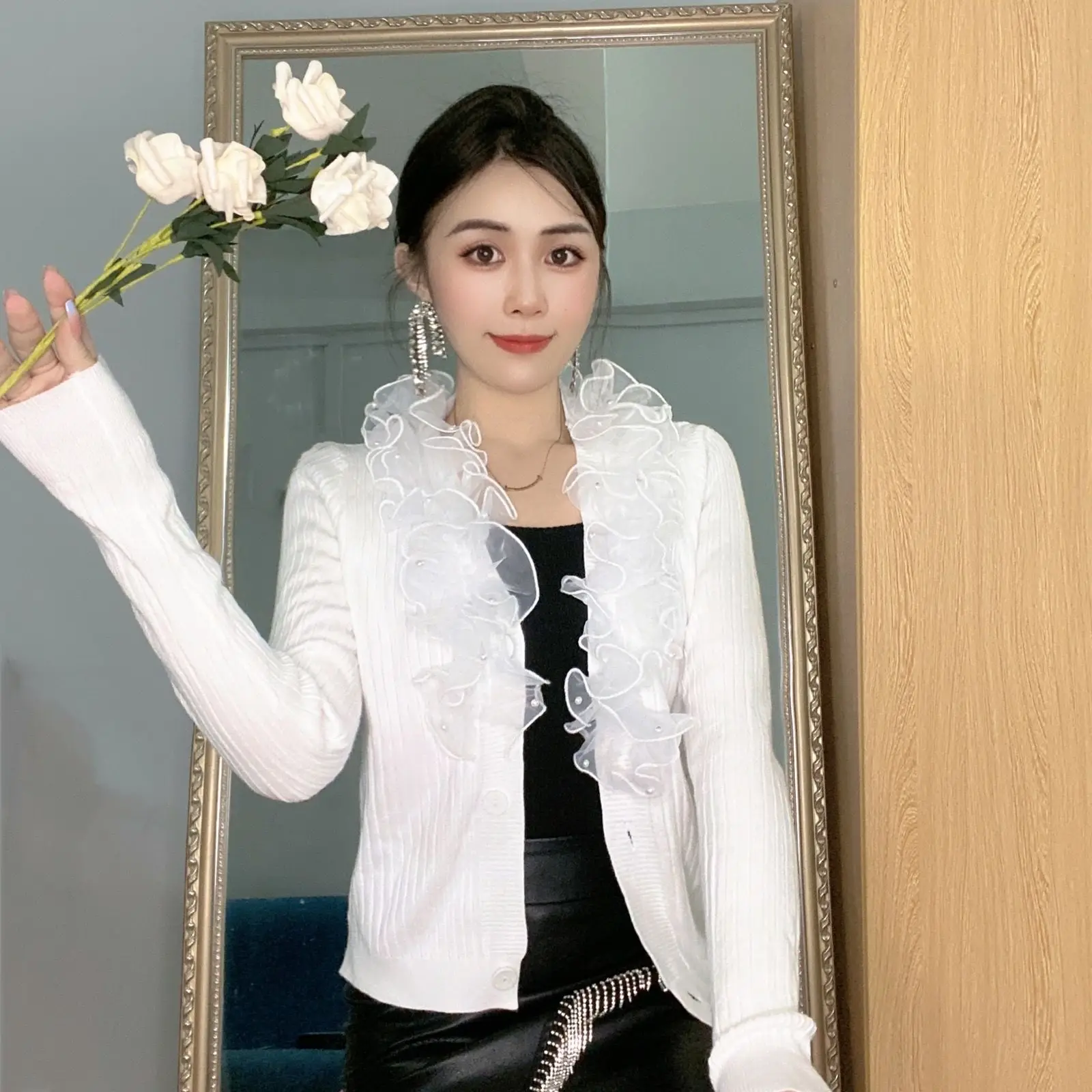 Женский вязаный кардиган с ушками топ V-образным вырезом новый свитер осень и