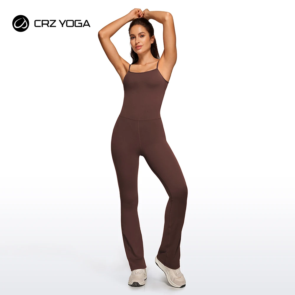 

CRZ YOGA Butterluxe Flare Jumpsuits for Women Spaghetti Strap Workout Athletic Onesie Square Neck Bodysuits with Built in Bra