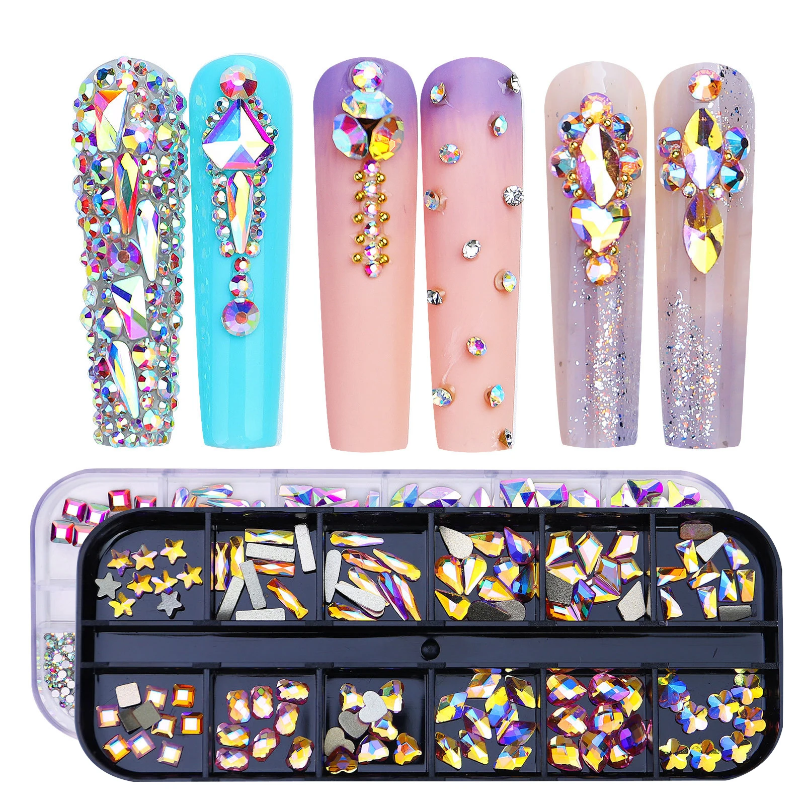

1 Box Crystal Nail Art Rhinestone Gold Silver Clear Multi Size AB/Colorful Flatback Gems Diamond DIY 3D Nail Art Decoration