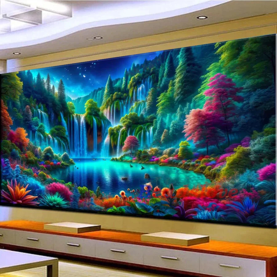 Алмазная живопись 5D с красочными цветами новинка водопад Зеленая гора природный