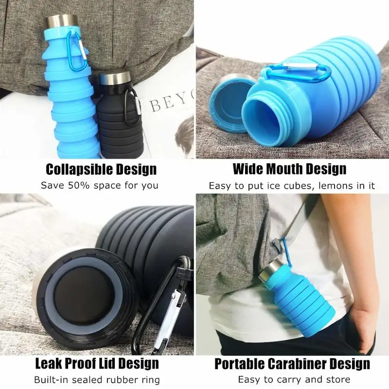 Collapsible Silicone Water Bottle for Travel Gym Camping Hiking Portable Leak Proof Sports with Carabiner 500ml | Спорт и