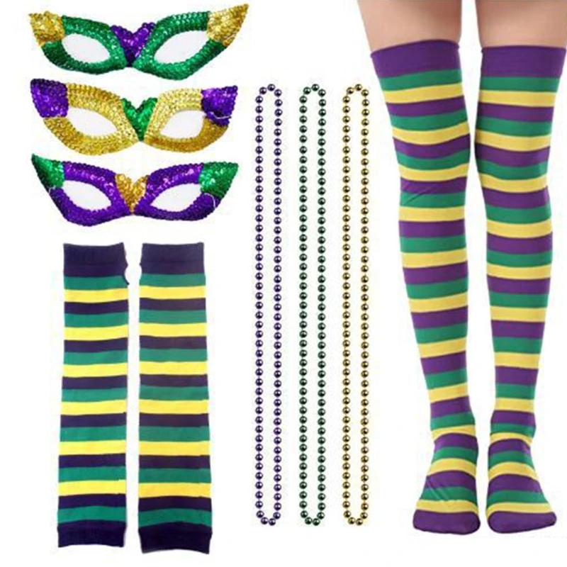 

Halloween Eye Mask Necklace Striped Knee Stockings Gloves Glitters Bowtie Masquerade Mardi Gras Party Cosplay Costume