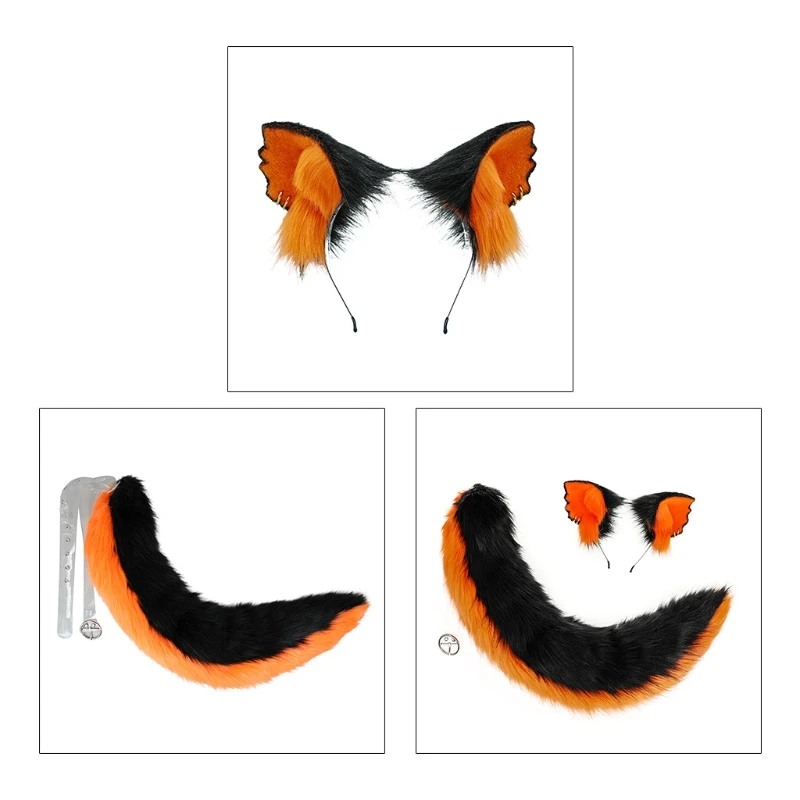 

L5YA Cartoon for Cat Ears Hairband and Tail Plush Cosplay Accessories for Kid Par