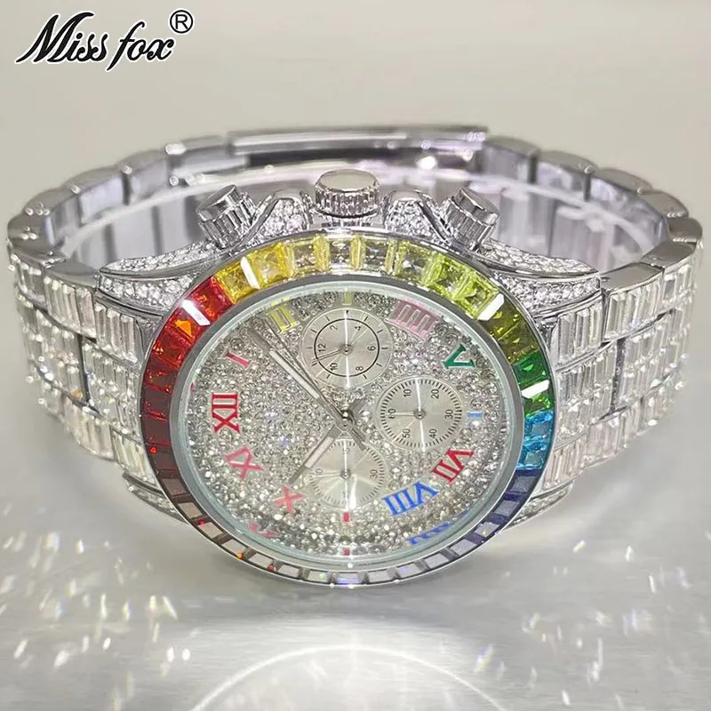 Fashion Brand MISSFOX Luxury Sliver Watch For Men Rainbow Diamond Wristwatch Hip Hop Iced Out Waterproof Clock Relogio Masculino