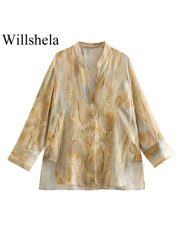 

Willshela Женская мода галстук краситель однобортная блузка винтажный v-образный вырез с длинными рукавами женские шикарные рубашки