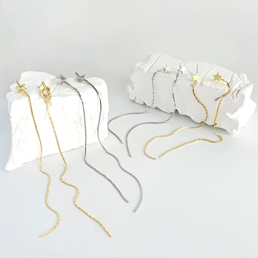 

Peri'sBox Gold Color Five-pointed Star Knot Threader Earrings For Women Trendy Romantic Wedding Ear Threader Long Chain Earring