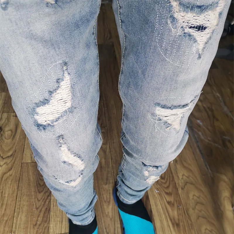 22ss High Street Fashion Ripped Patch No Meat Black Jeans Y2k Streetwear Ripped Jeans Men Skinny Mid Waist Mens Jeans
