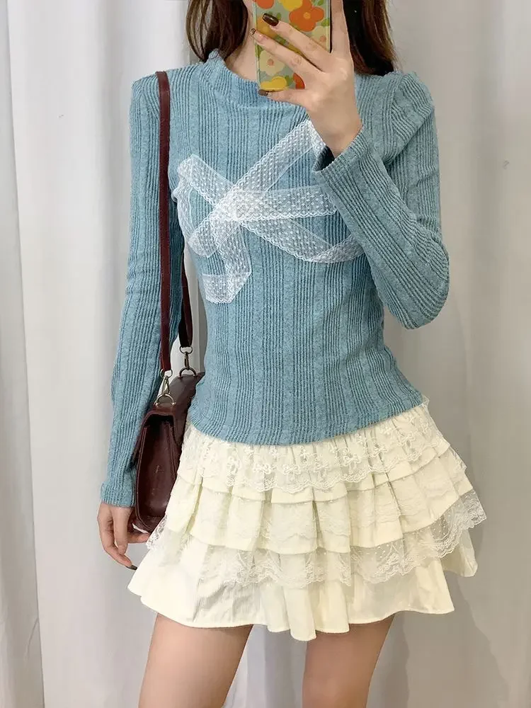 HOUZHOU корейский стиль с бантом Y2k вязаный пуловер женский милый кружевной свитер