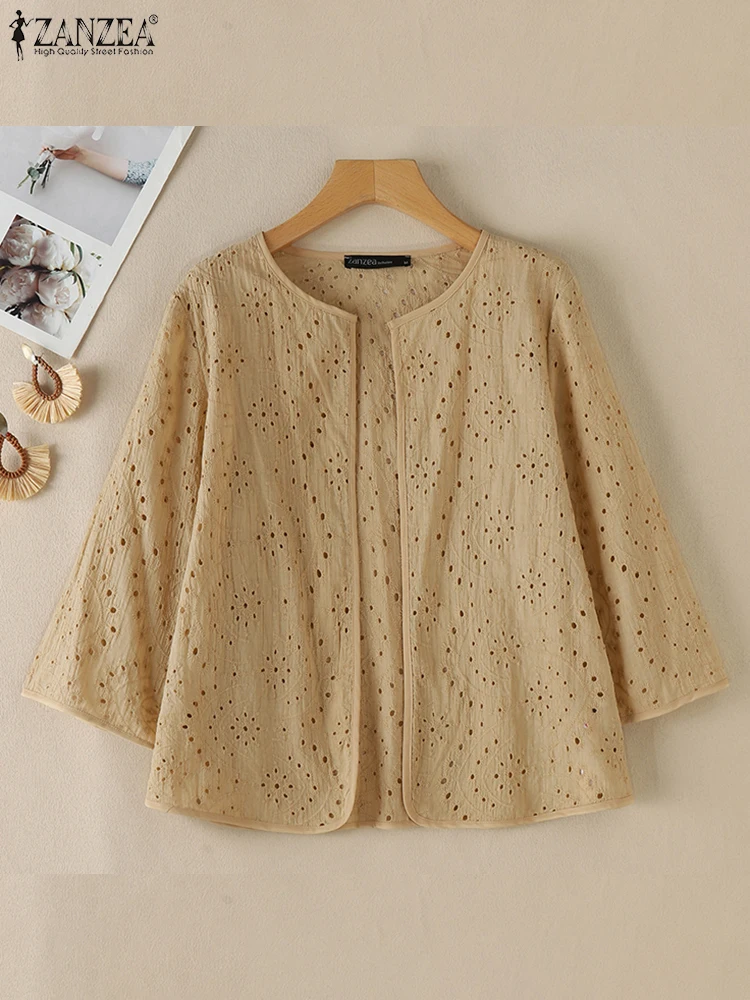 ZANZEA женский кардиган топы с круглым вырезом 2024 модные рубашки рукавами 3/4 ажурные
