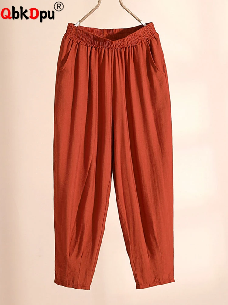 

Брюки-султанки женские из хлопка и льна, повседневные мешковатые штаны до щиколотки, модные тонкие брюки с завышенной талией в Корейском стиле, на лето